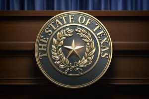 Symbol and big seal of State of Texas on the tribune.