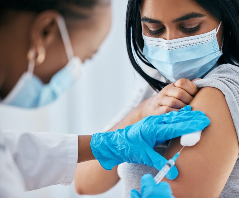 Covid vaccine, cotton and doctor with patient for medical immunization, vaccination arm injection a